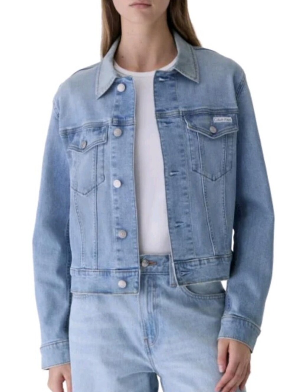 Calvin Klein Women's Long Sleeve Button Up Denim Classic Trucker Jacket Large